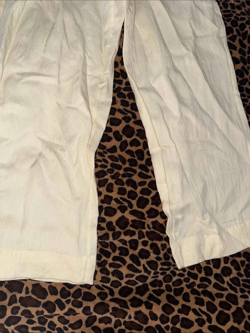 Light Cream Linen-Blend Trousers with Button Waist